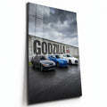 Poster métal Nissan GT-R R32, R34 et R35 sur circuit, plaque aluminium brillante vue de trois quarts