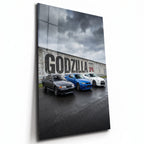 Poster métal Nissan GT-R R32, R34 et R35 sur circuit, plaque aluminium brillante vue de trois quarts