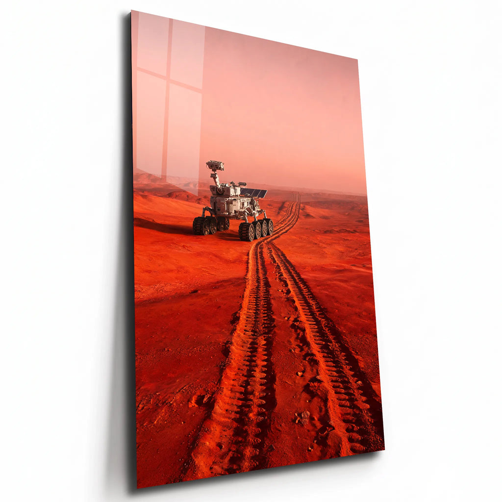 Poster métal rover d'exploration dans le désert de Mars, plaque aluminium brillante vue de trois quarts